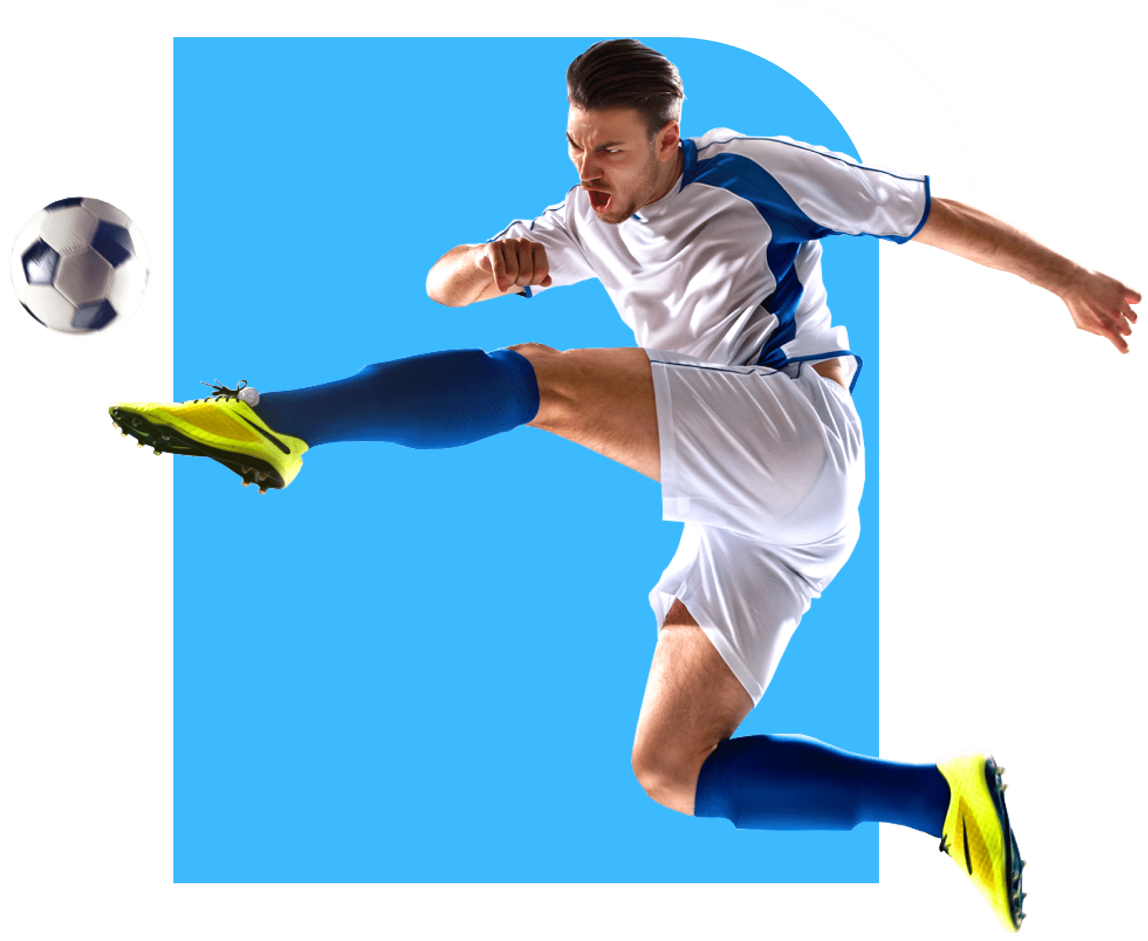 A player kicking a football.